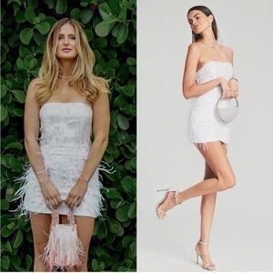 NWT RETROFETE Hand Stitched Sequin Ostrich Feather Trim Strapless Mini Dress XS